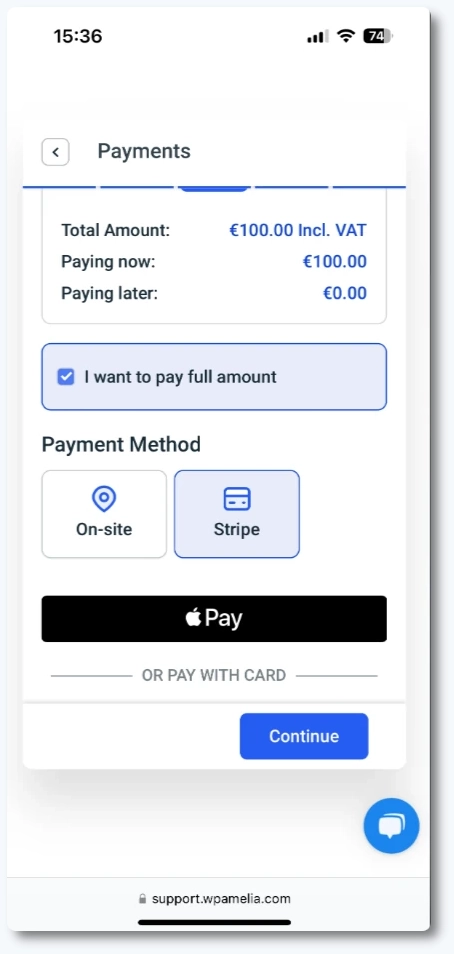 Mobile booking form with Apple Pay button displayed above card fields
