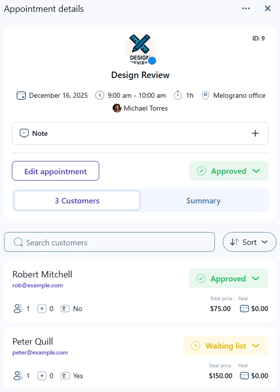 The appointment details popup with Approved and Waiting list statuses shown next to customers in Amelia.