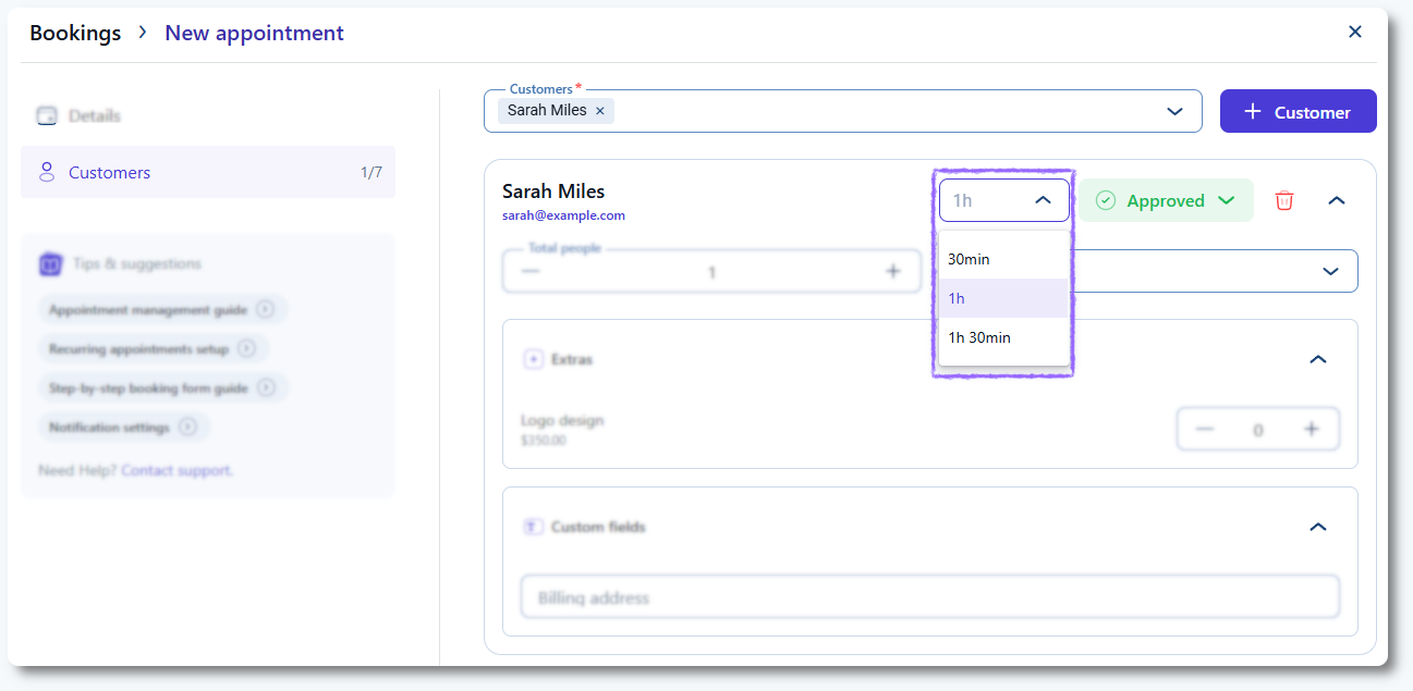 Back end appointment creation in Amelia showing duration dropdown