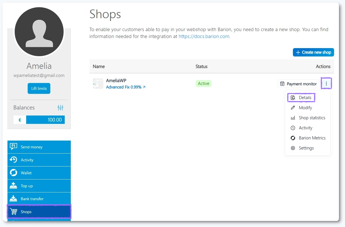 Accessing POSKey details in Barion shop details page