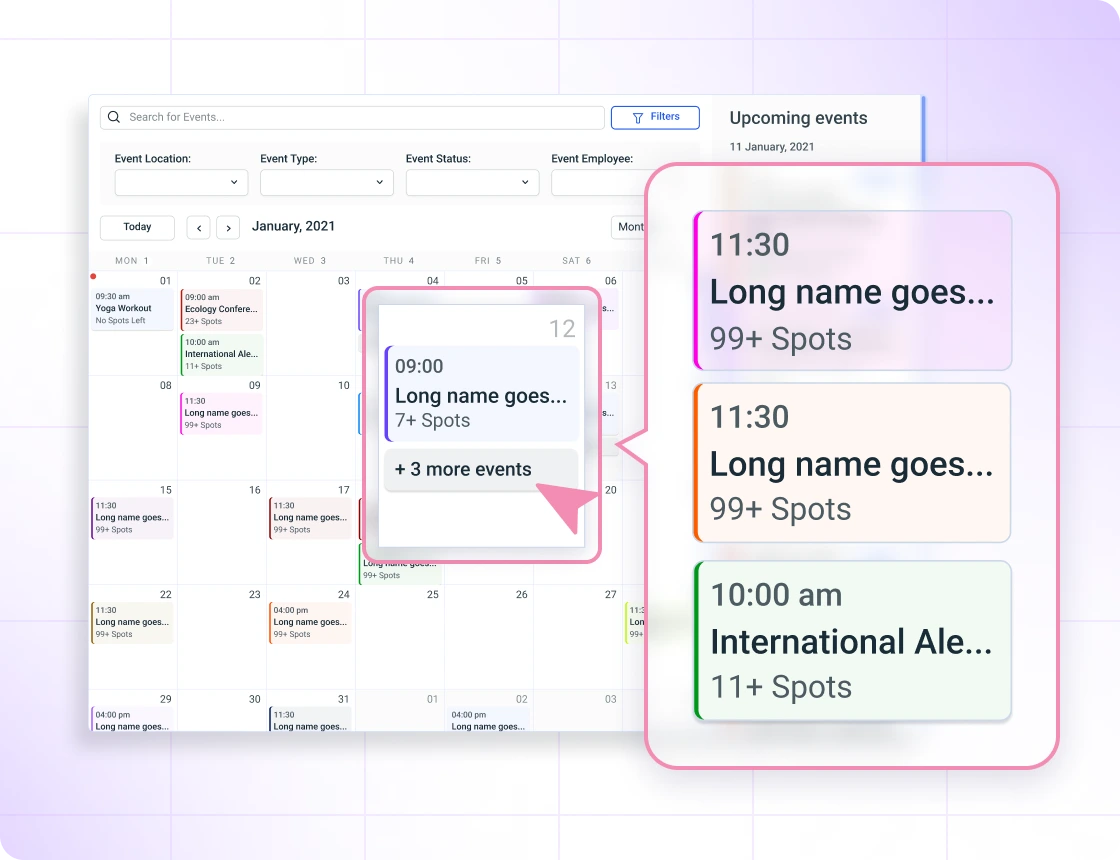 Event list and booking calendar view