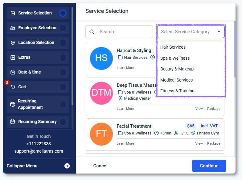 アメリアのステップバイステップグリッドビューでサービス選択の上にあるドロップダウンメニューに表示されるカテゴリー