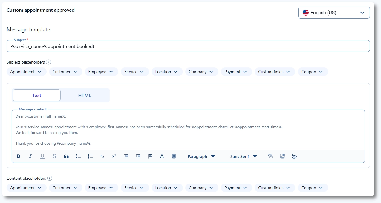 Custom notification editor in Amelia with subject, message content, placeholders, and language selector