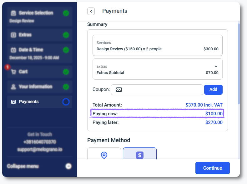 Deposit and remaining balance shown in the front end booking form in Amelia