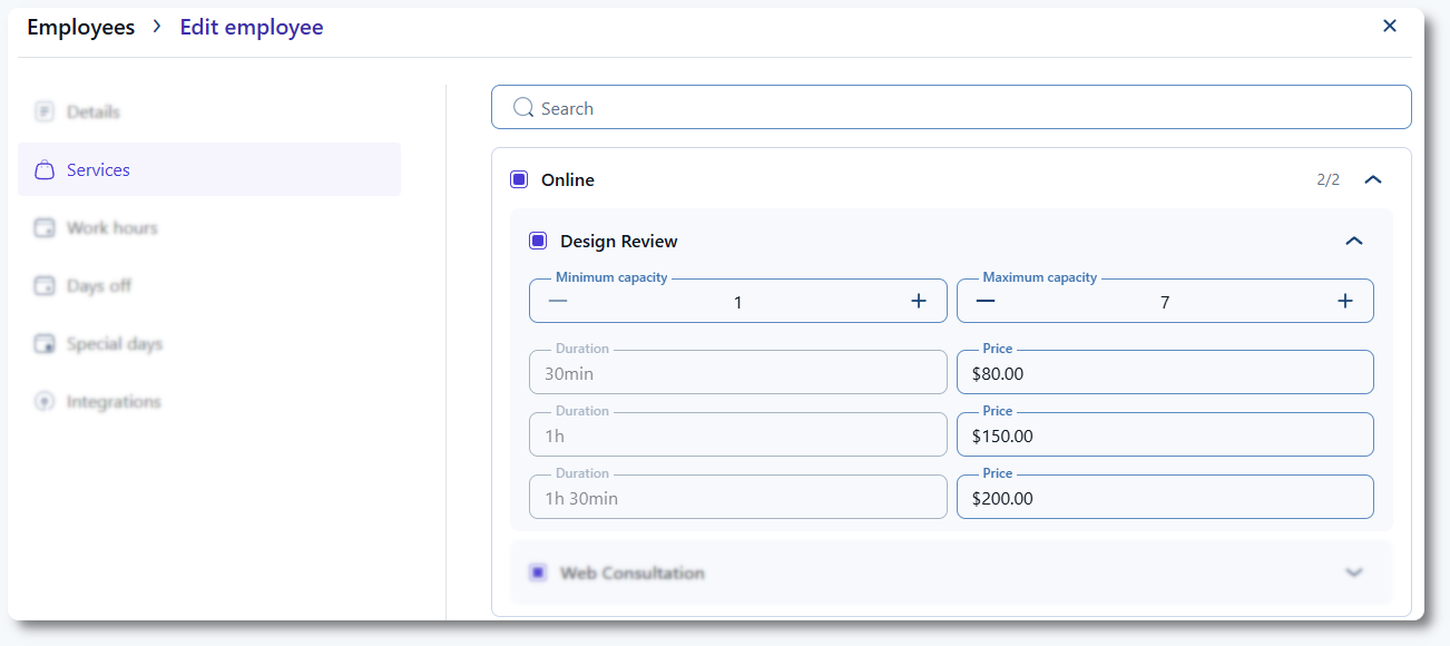 Employee profile showing editable custom duration prices