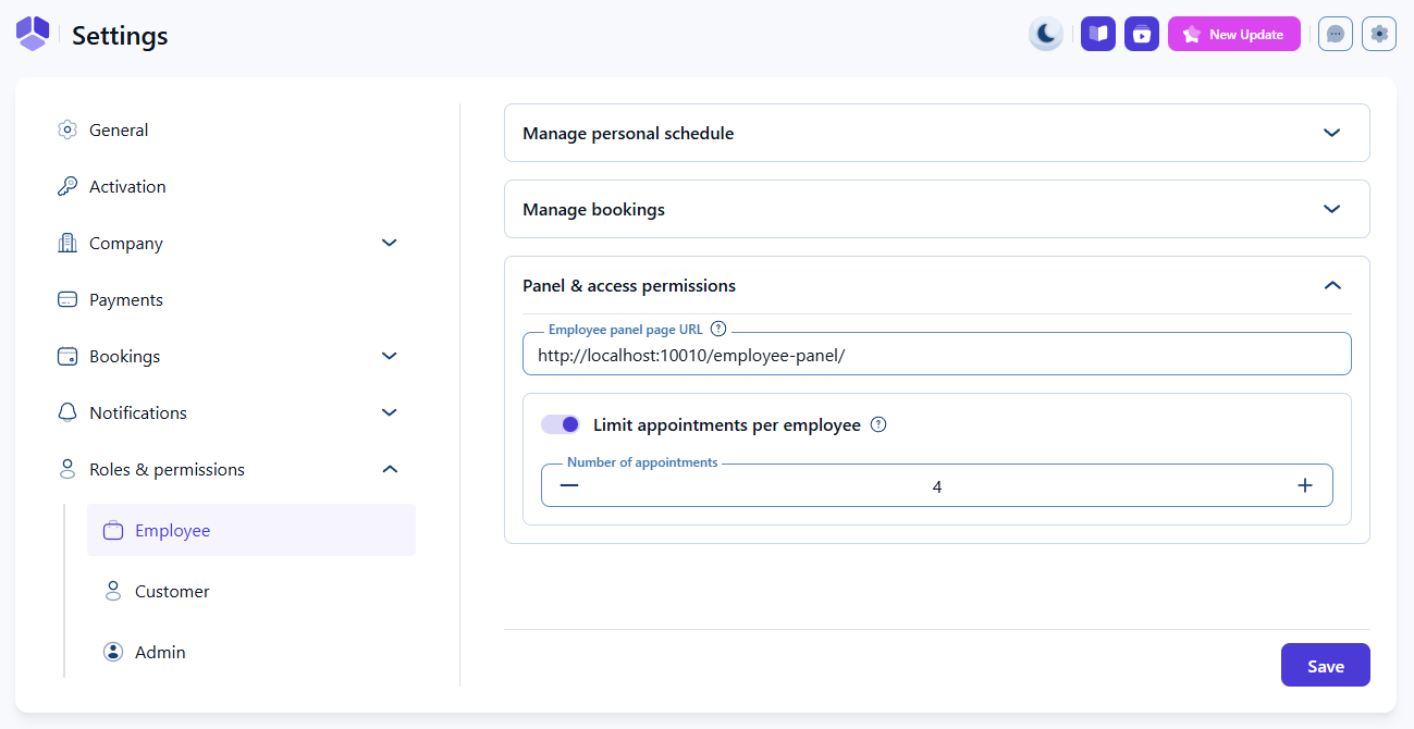 Roles and permissions settings for employees including panel URL and appointment limit