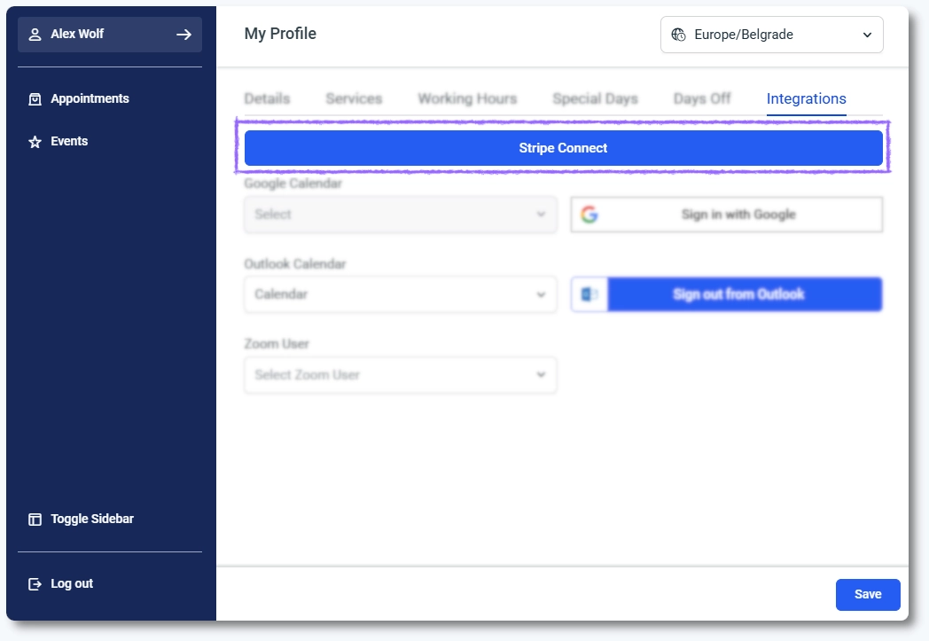 従業員パネルの「統合」タブで、Stripe Connectボタンがハイライト表示されている。