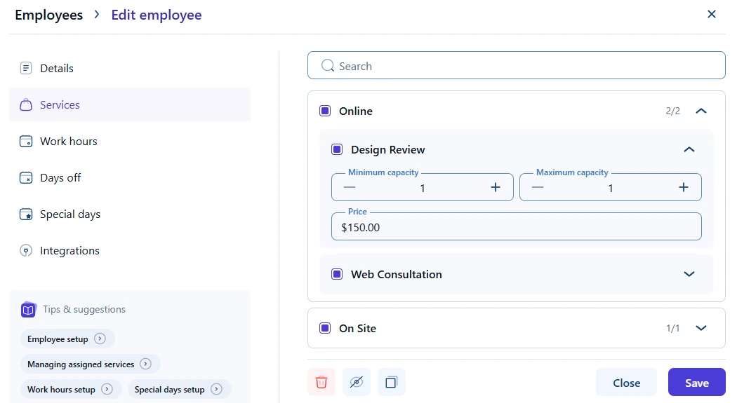 Services tab inside the employee profile showing available services