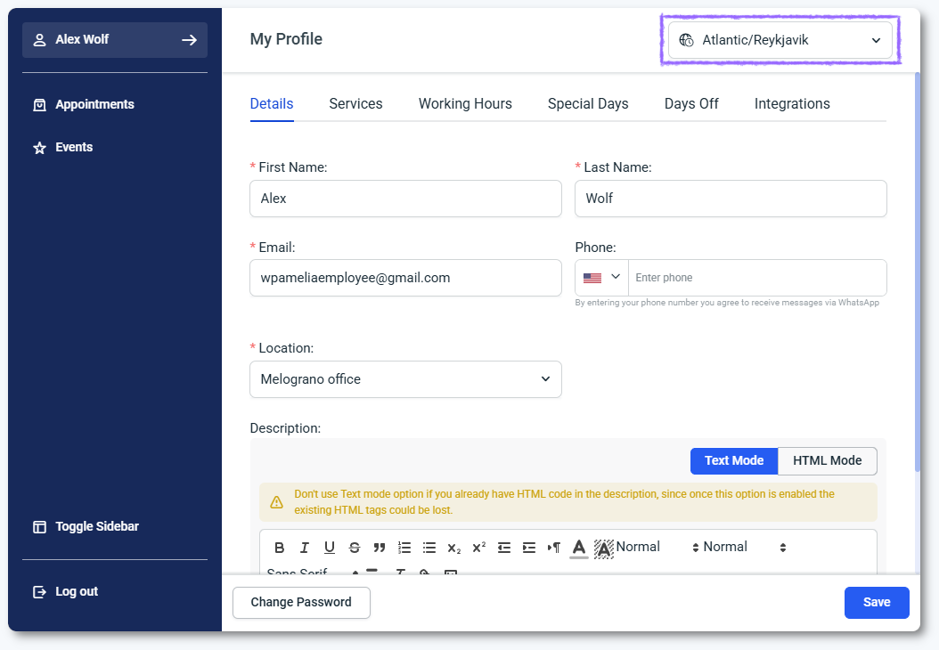 Employee profile screen in the Employee Panel with time zone dropdown and the Save option displayed