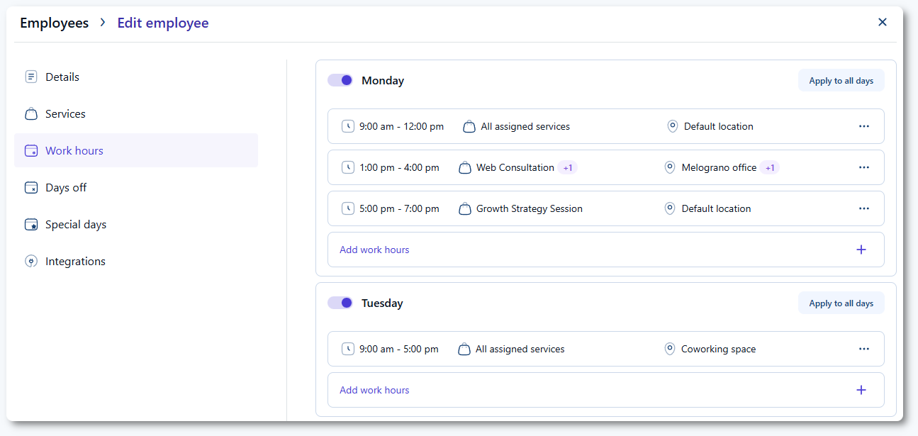 Employee working hours with different locations assigned to different time periods
