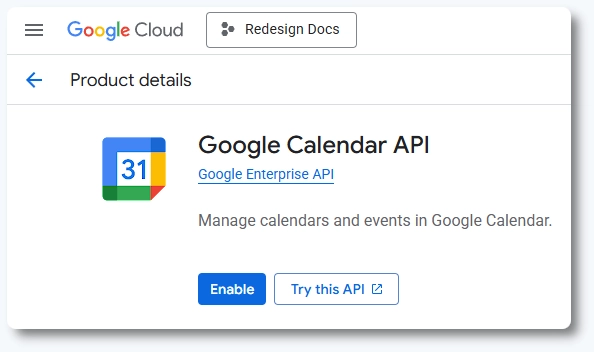Google Calendar API inschakelen
