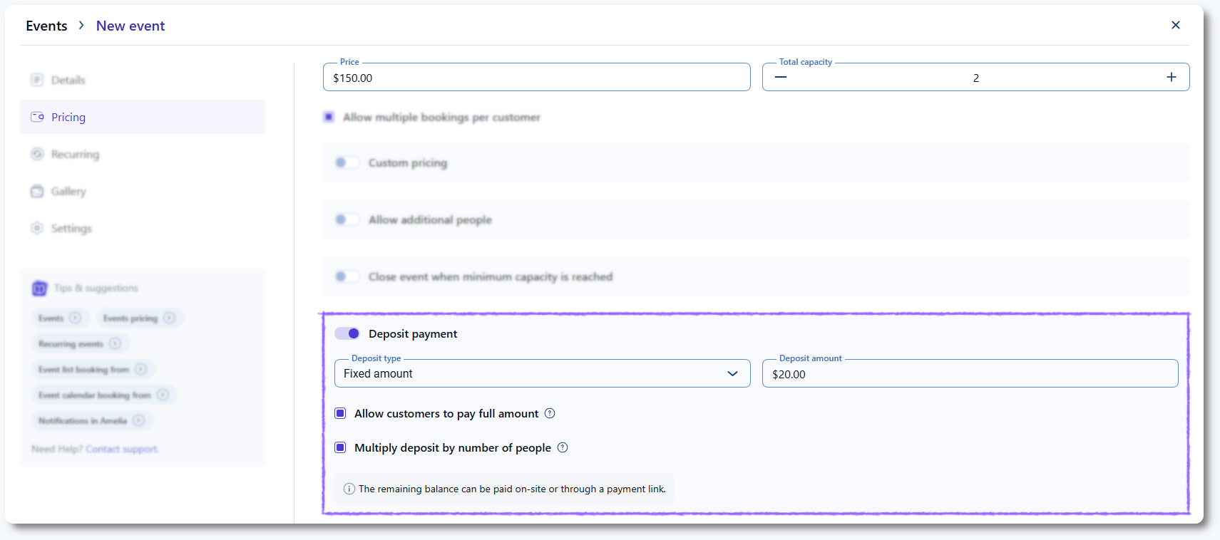 Deposit payment options shown in the pricing settings of an Amelia event