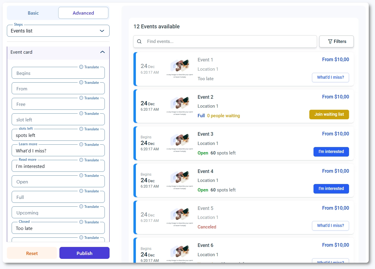 Advanced settings modifying certain labels in the Event list booking form in Amelia