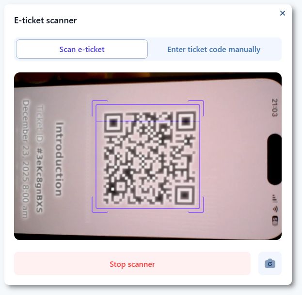 カメラと手動入力オプションを備えたチケット検証画面