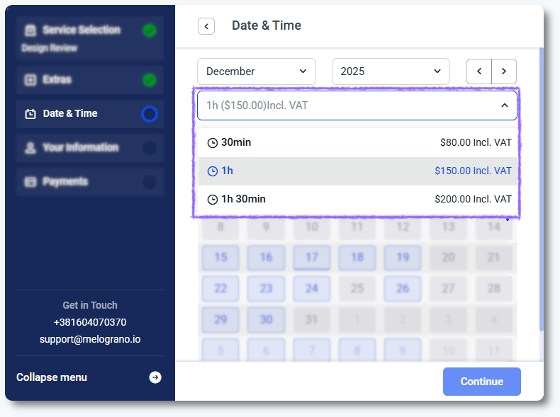 Amelia's Step-by-step booking form showing duration selection dropdown