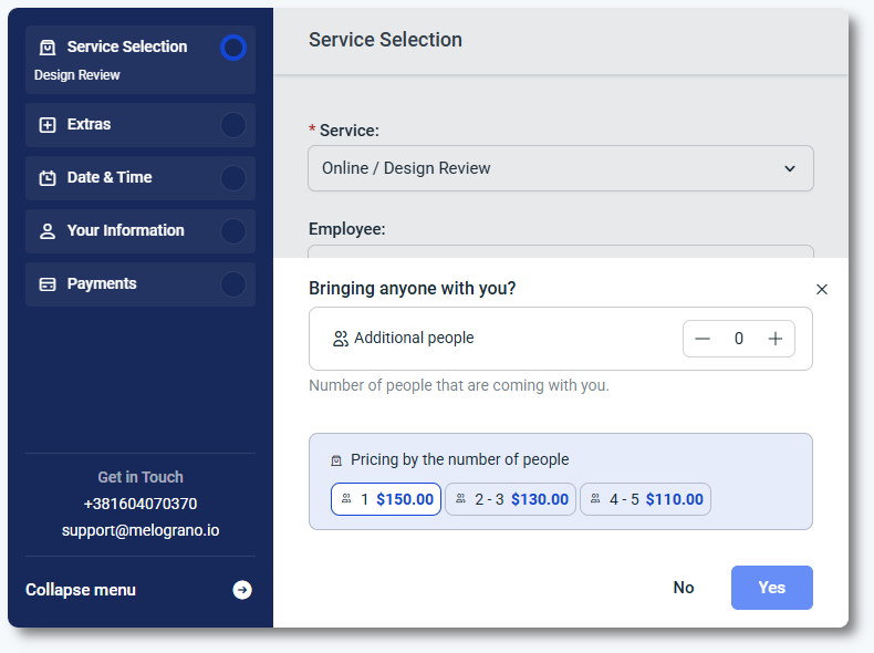 Front end group size selection modal in Amelia booking form
