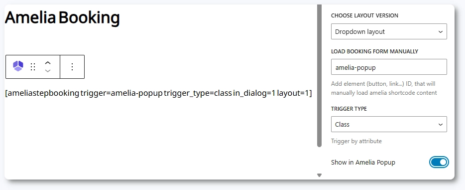 Trigger settings for manually loading Amelia booking forms in Gutenberg