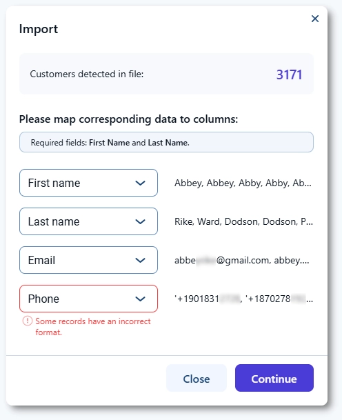 インポート時にCSV列を顧客フィールドにマッピングする