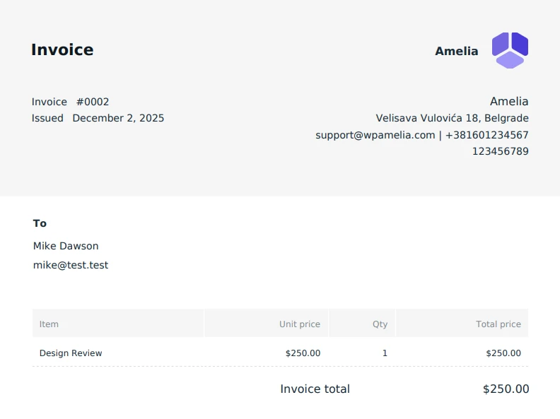 Ameliaの請求書プレビュー画面には、会社名と連絡先情報が表示されます。