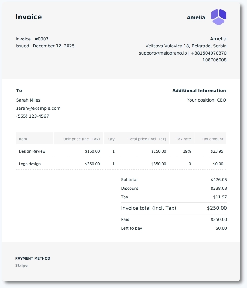 Generated invoice example in Amelia showing business details, customer details, services, and total amount