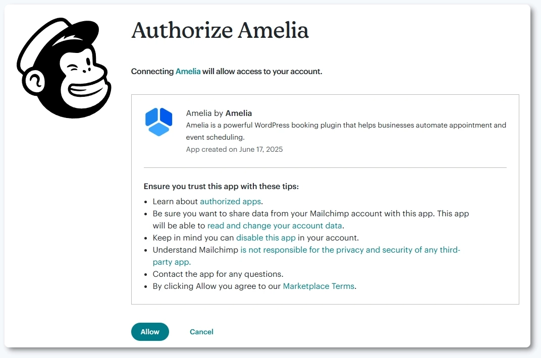 Authorizing Amelia to connect to Mailchimp