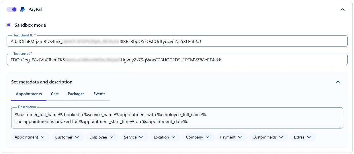 Payment settings in Amelia showing the PayPal method expanded with currency and formatting options