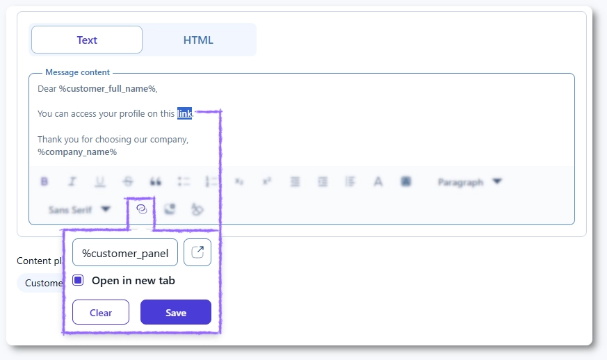 Example of a hyperlink using the customer_panel_url placeholder in Amelia