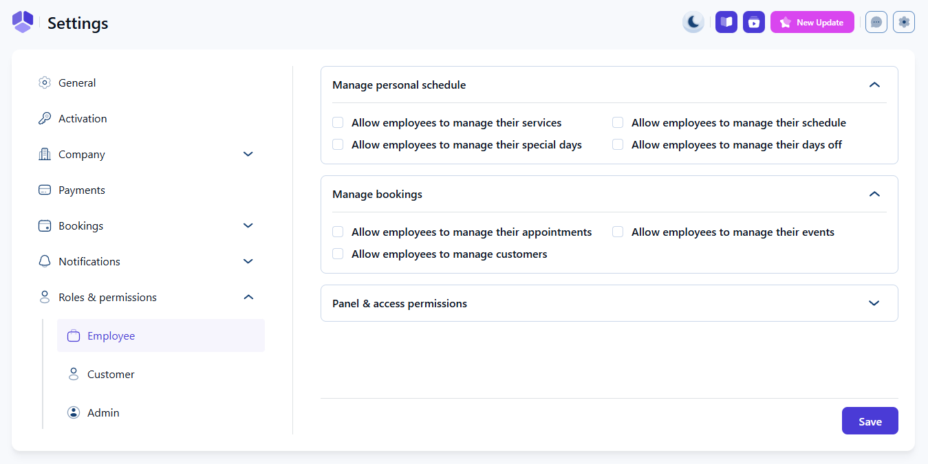 Employee role settings showing service, schedule, special days, days off, appointment, event, and customer permissions