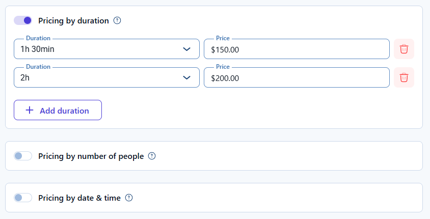 Custom pricing options enabled in the Pricing and duration tab
