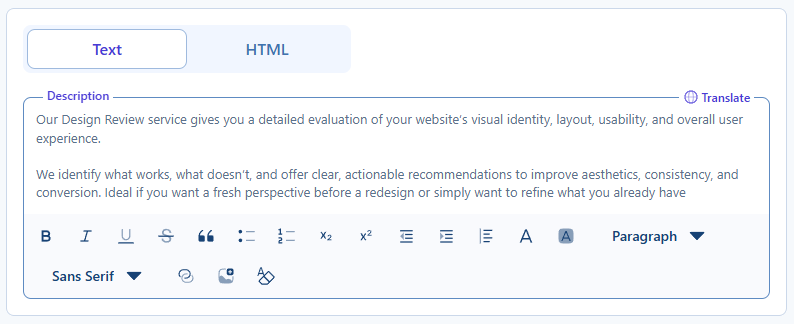 チップタップとHTMLオプションを備えたサービス説明フィールド