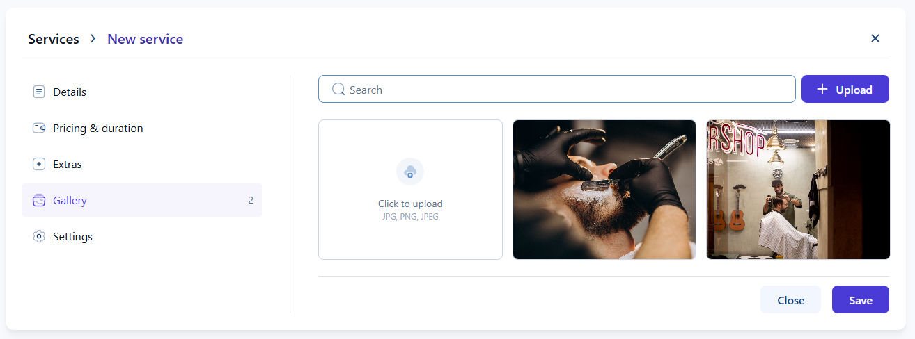 サービス画像を追加するための画像アップロードエリアを備えたギャラリータブ