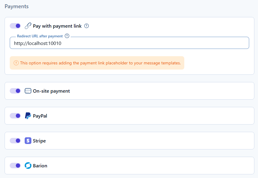 Payment options available inside the service settings