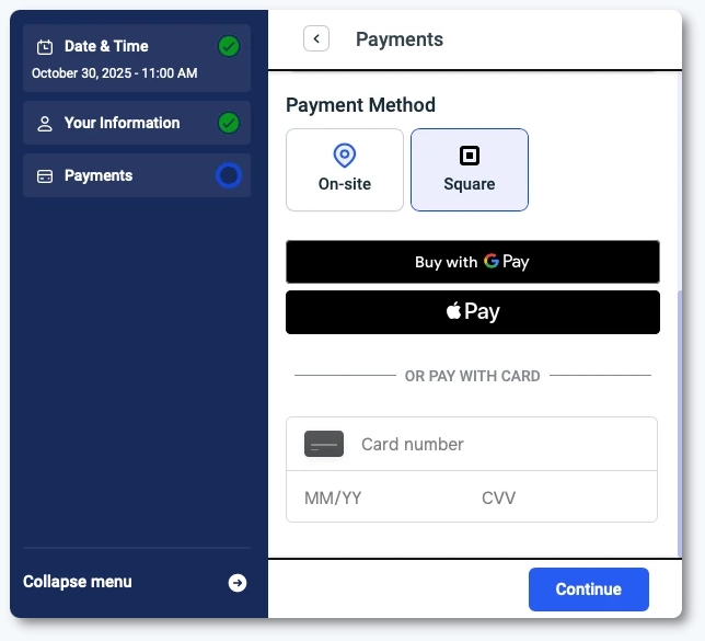 Ameliaの予約フォームに、Squareチェックアウト経由でGoogle PayまたはApple Payボタンが表示されます。