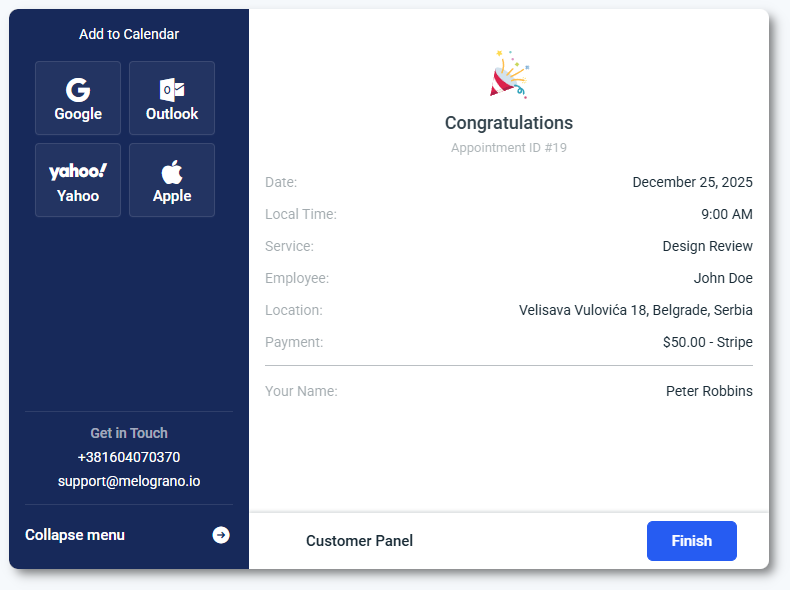 Final confirmation screen after booking