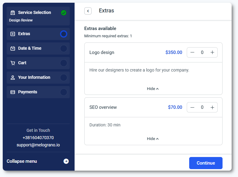 Extras selection step in the Step-by-step form