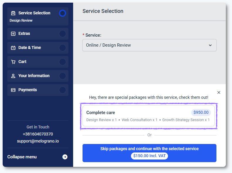Package booking workflow inside the Step-by-step form