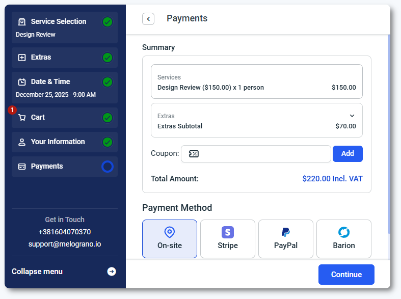 Payment selection inside the Step-by-step form