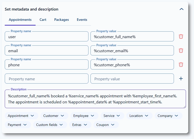 AmeliaでStripe決済のメタデータと説明セクションを設定する