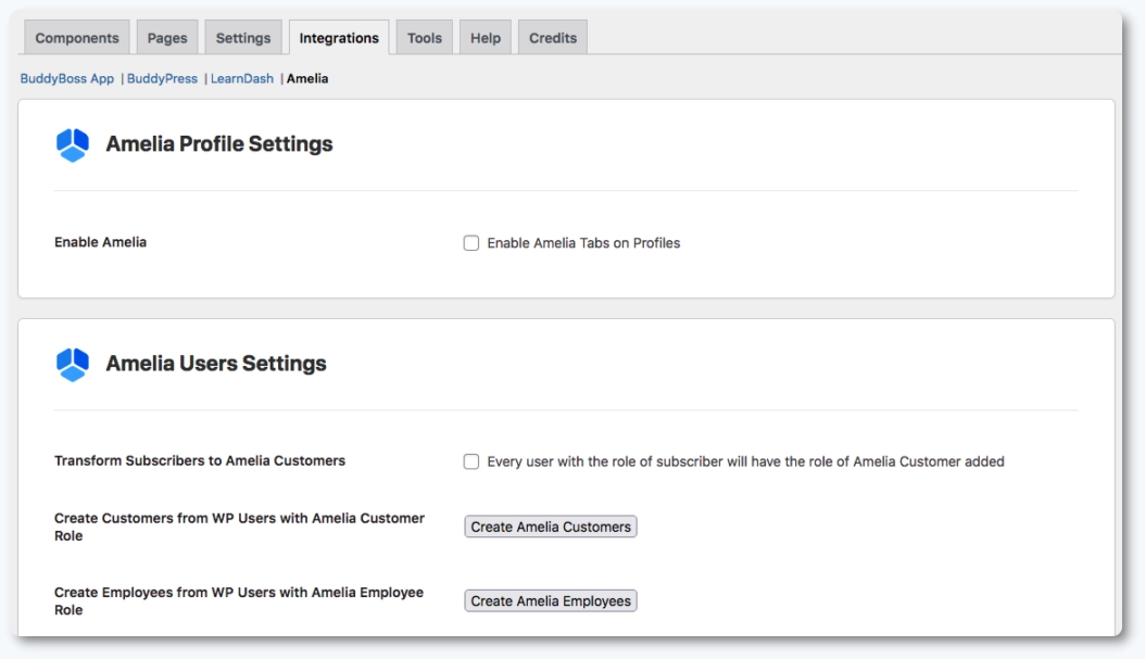 Amelia integration tab inside BuddyBoss settings