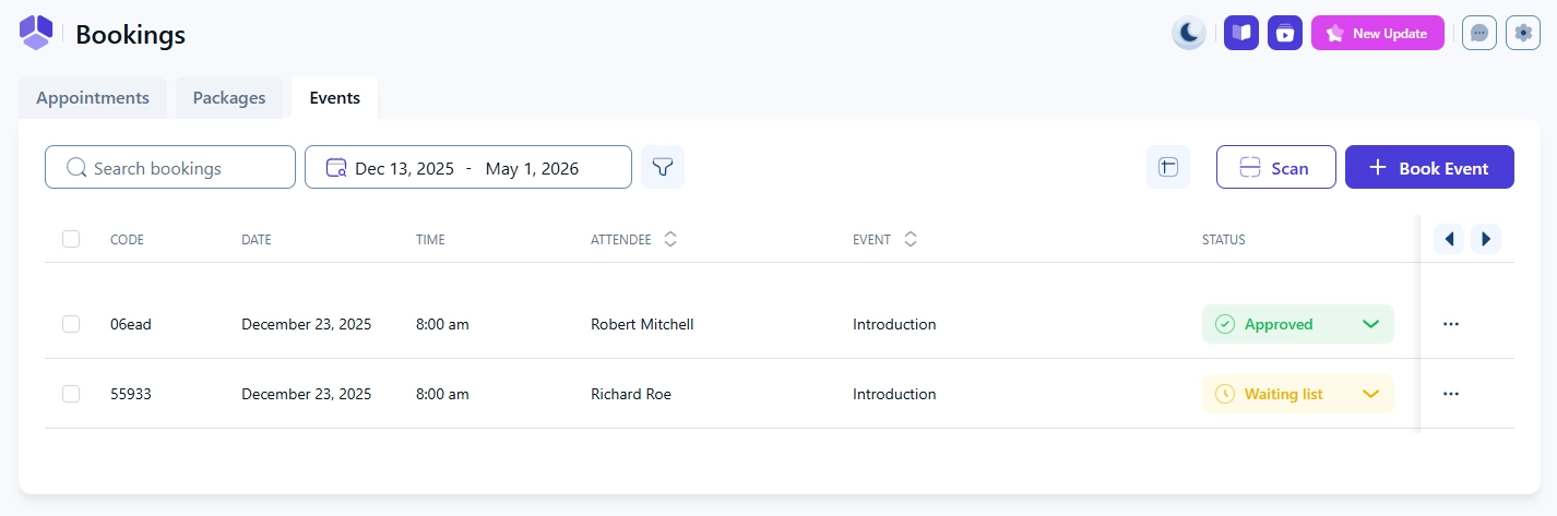 Event bookings in Amelia showing customers with the Waiting list status
