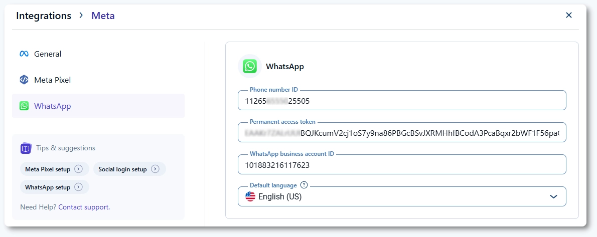 WhatsApp configuration fields filled in Amelia