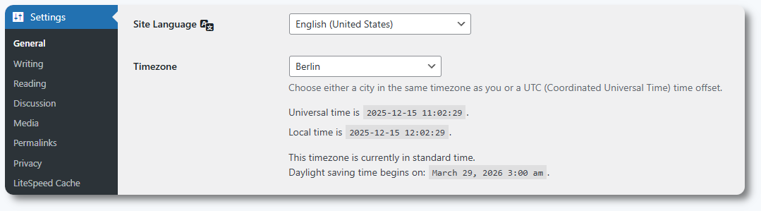 WordPress General Settings showing the site time zone and date/time format settings