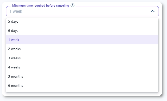 Cancellation time requirement options for events