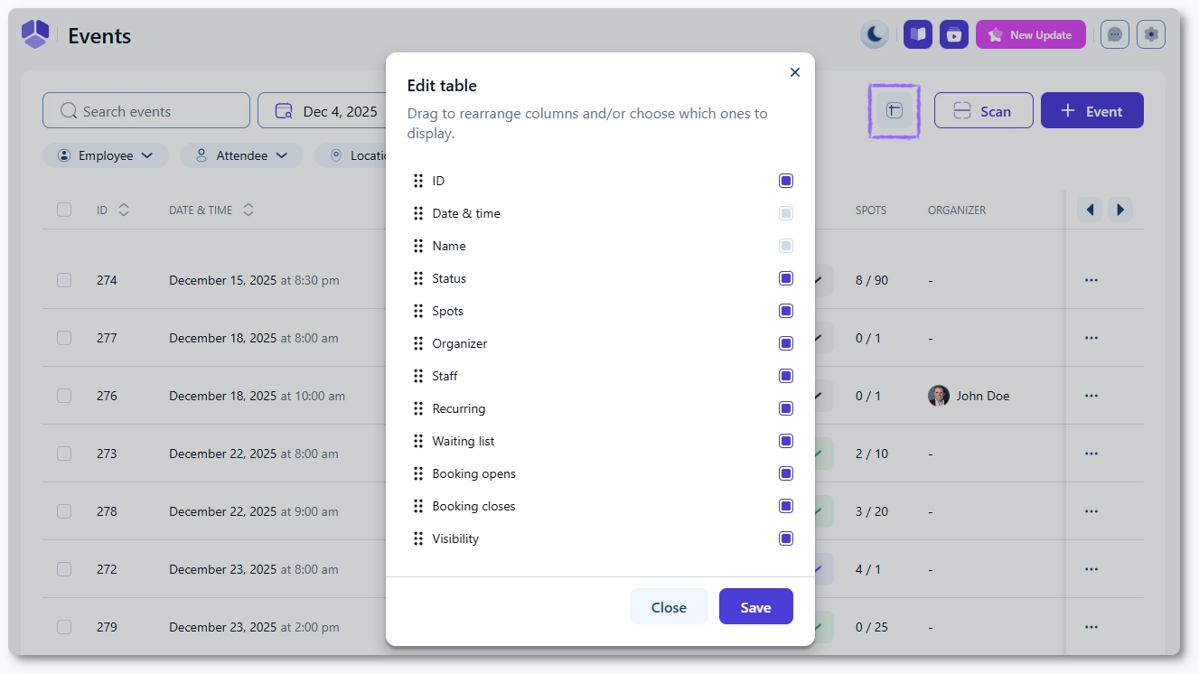 Event table with customizable columns in Amelia