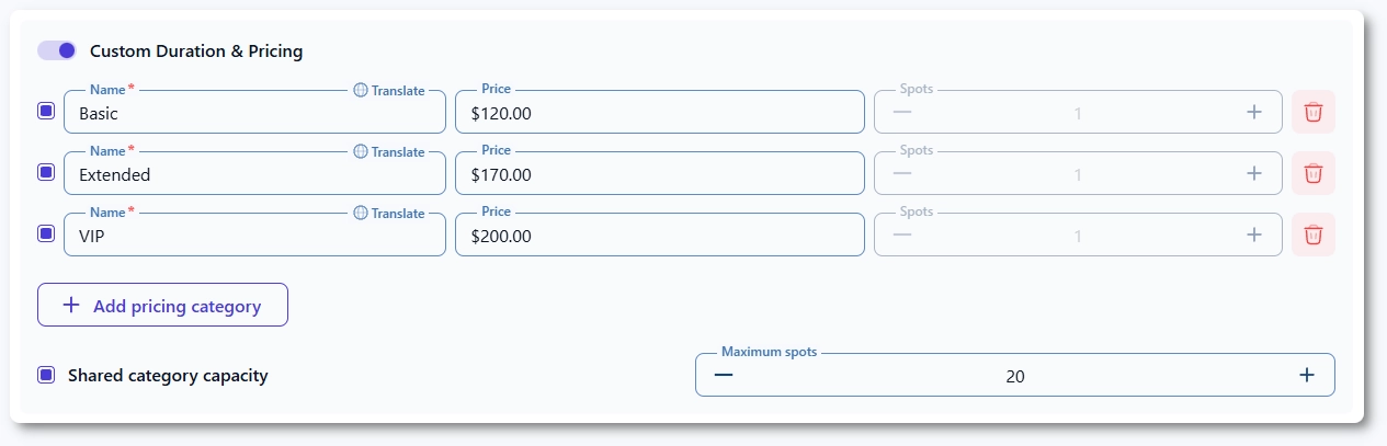 Event pricing tab with ticket categories enabled