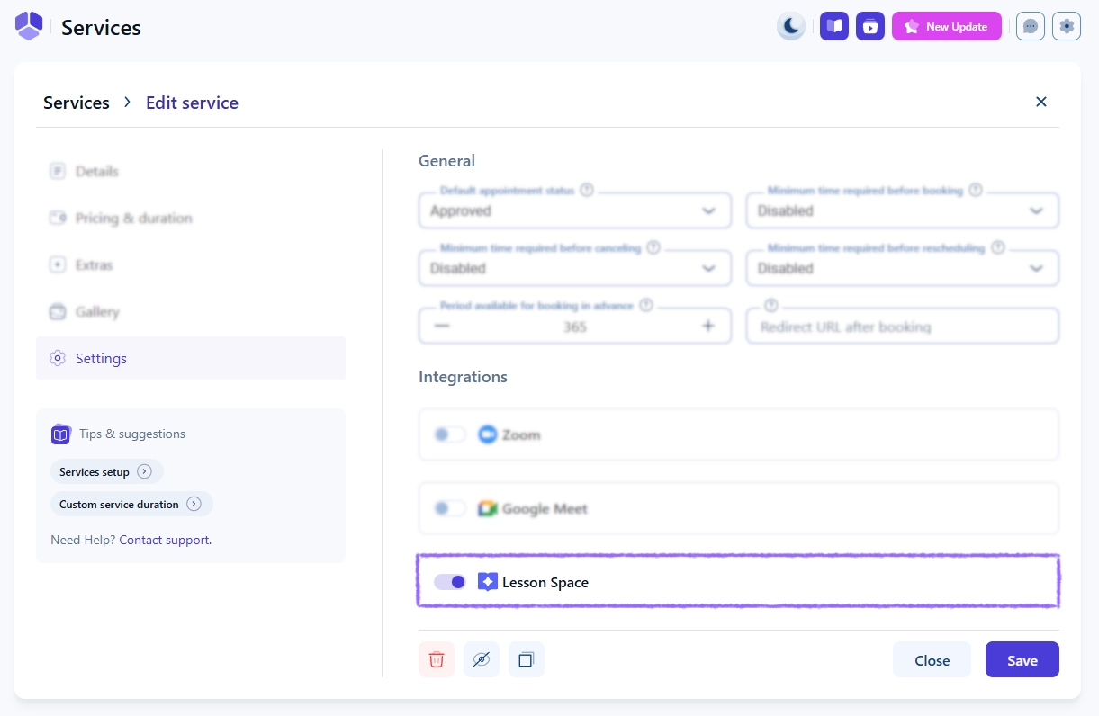 Ameliaサービス設定でレッスンスペースが有効になっています