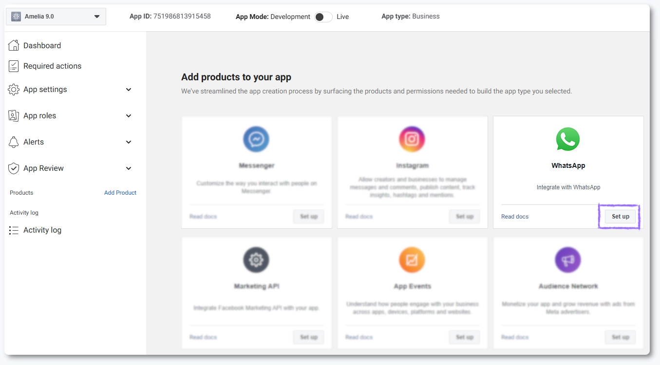 Adding the WhatsApp product in Meta