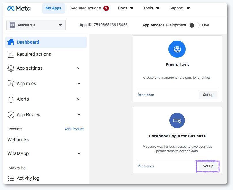 Facebook Login app selection in Meta Developer Dashboard