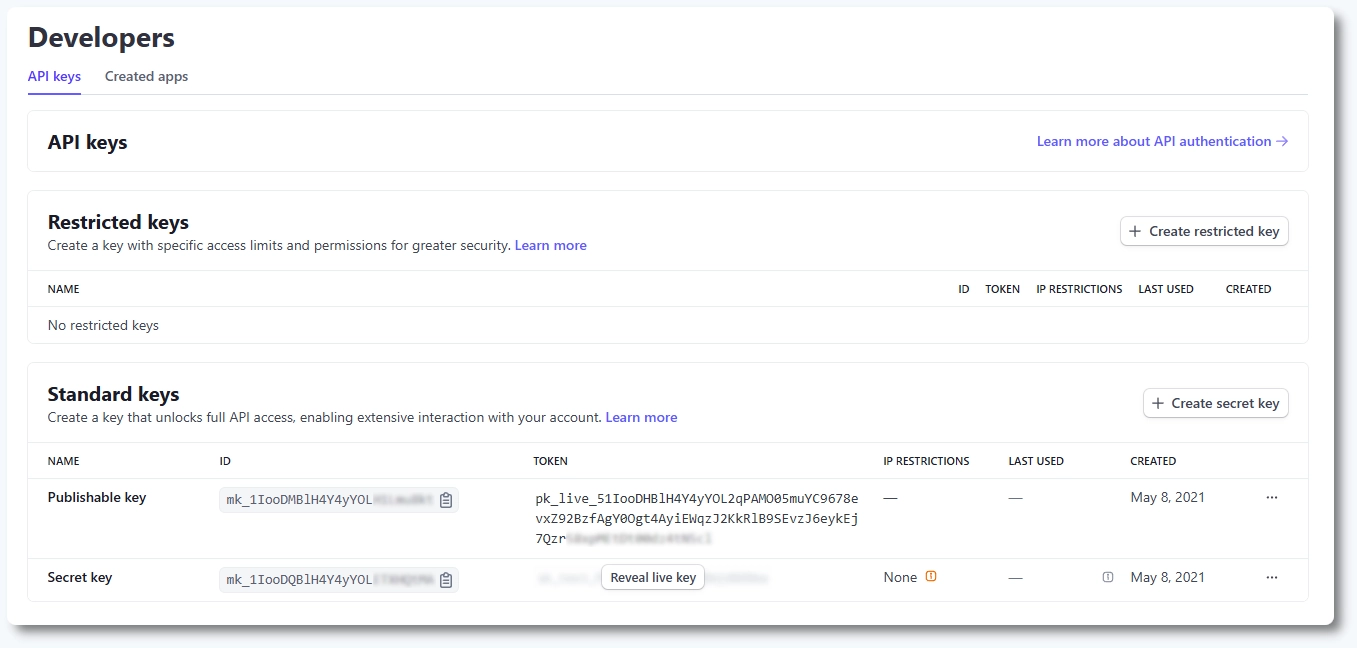 Stripeのダッシュボードから取得したAPIキー（Ameliaとの連携用に作成）