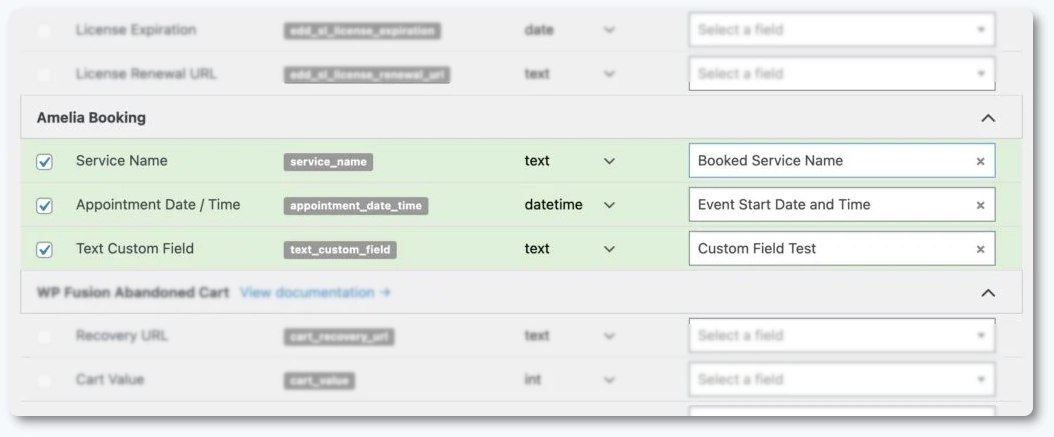 WP Fusion Contact Fields mapping options